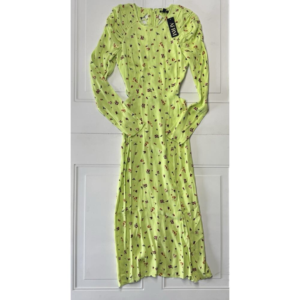 NWT AFRM Lime Neon Green Floral Long Sleeve Side Cutout Strappy Back Dress XS